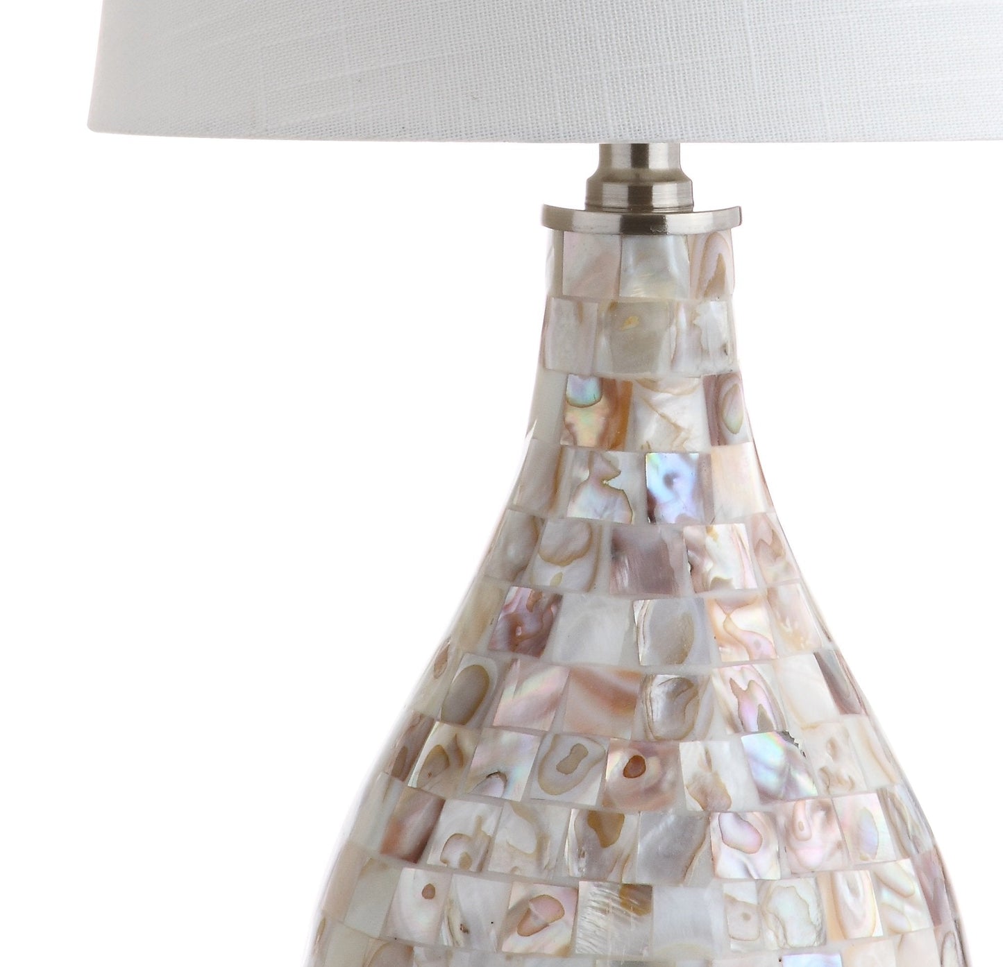 JONATHAN Y 20.5" Seashell Coastal Mini LED Table Lamp for Living Room Office, White Linen Drum Shade, Modern Mother of Pearl Bedside Nightstand Lamp, LED Bulb Included JYL1024A