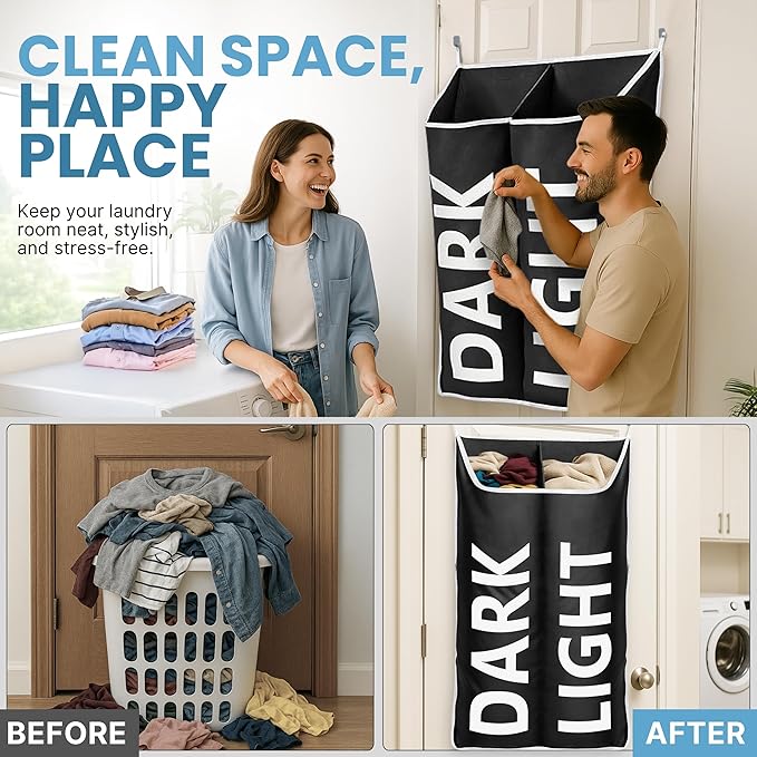Hanging Laundry Hamper Bag XL 40x22", Space Saving over the Door Storage Bags