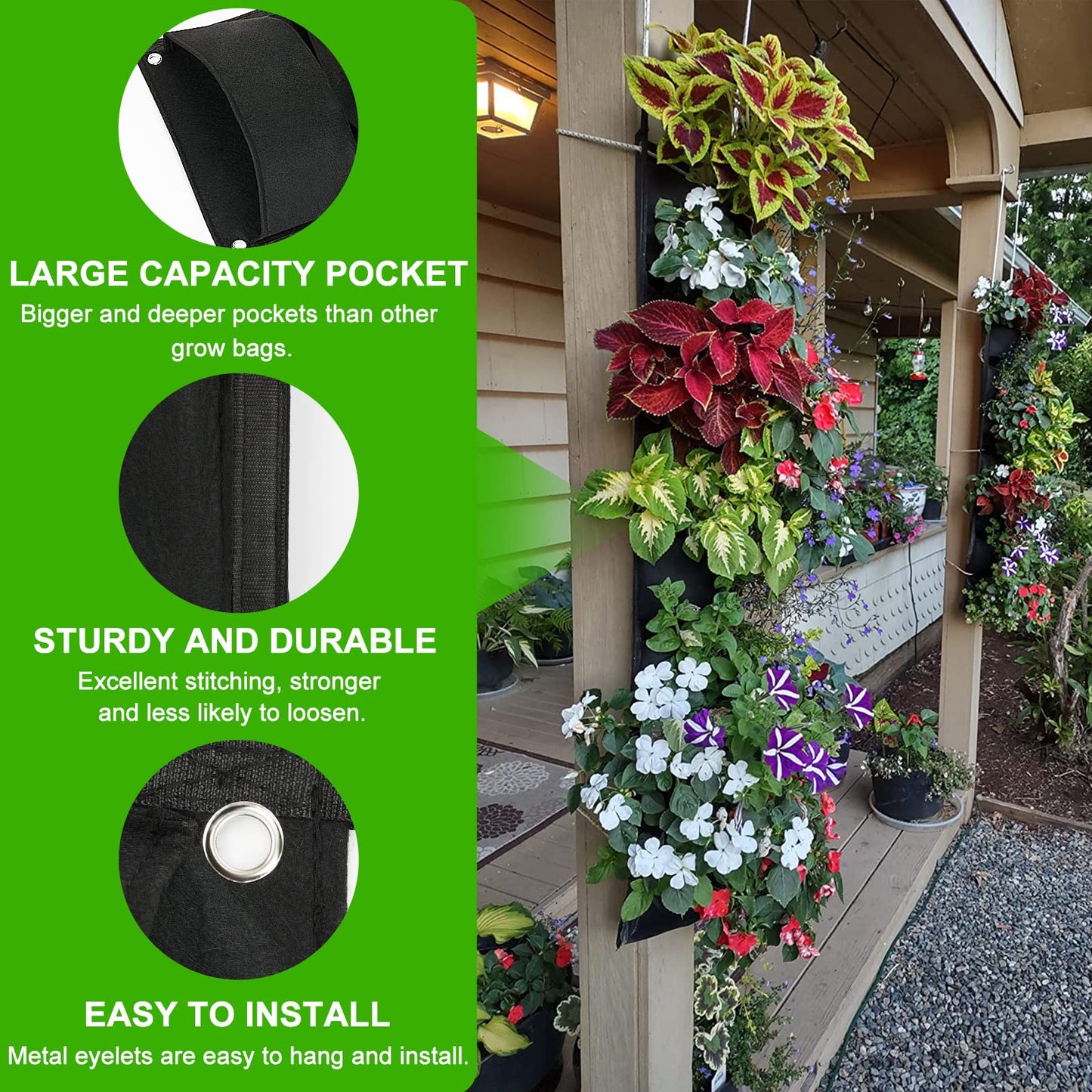 ANGTUO 6 Pockets Hanging Planters for Outdoor Plants, One Pack Wall Planter Vertical Garden, Hanging Plant Holder for Railing, Balcony, Fence
