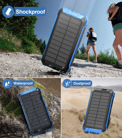 GOODaaa Power Bank Wireless Charger 36000mAh Built in 4 Cables Six Outputs 15W Fast Charging Power Bank for All Mobile Devices Three Inputs Solar Portable Charger with Dual Flashlights, Carabiner