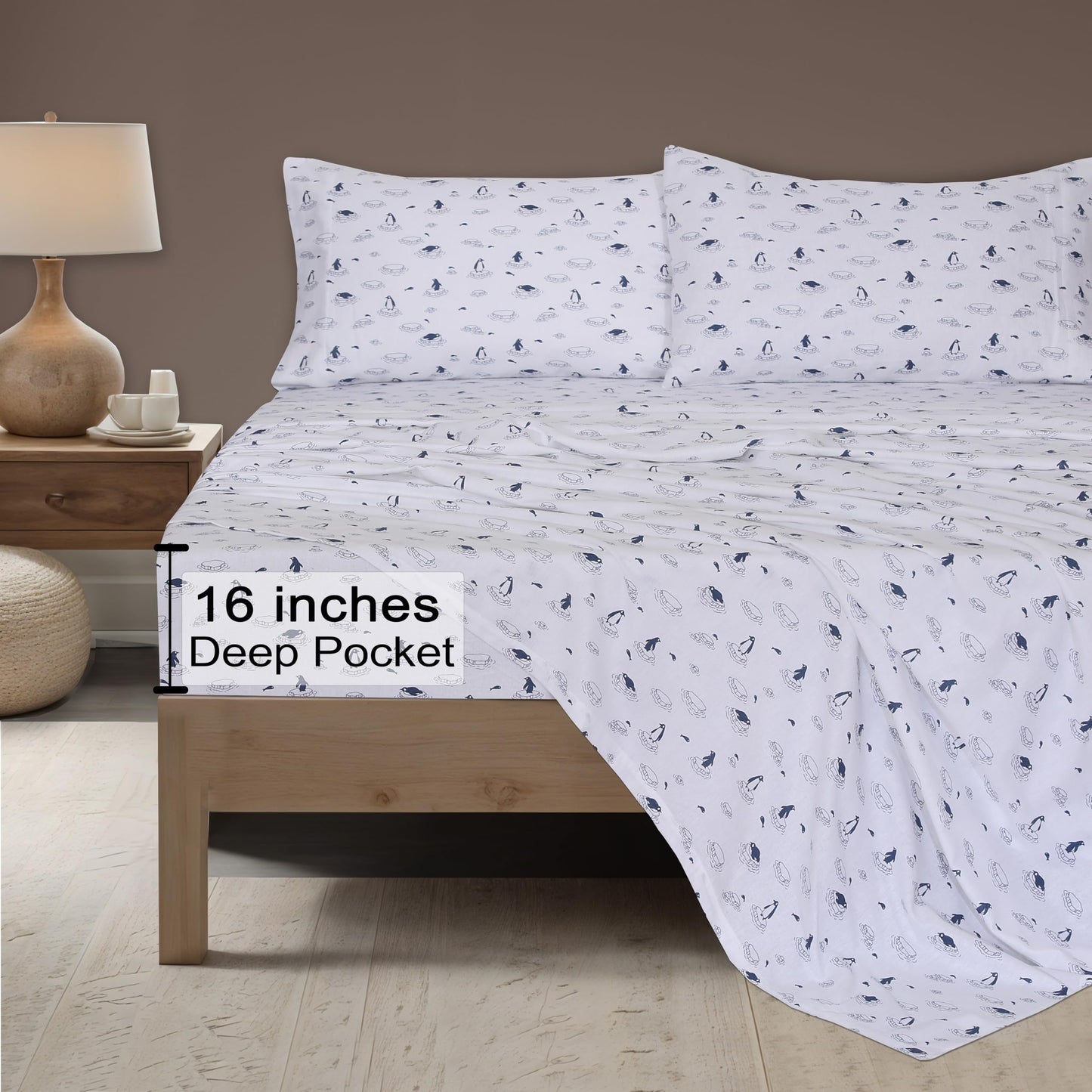 ZOYER Flannel Sheets Queen Size - 100% Cotton Double Brushed Bed Sheets, Deep Pockets 16 Inches Queen Sheet Set, All Seasons Breathable & Extra Soft - Warm & Cozy, 4 Piece, Penguin Edge