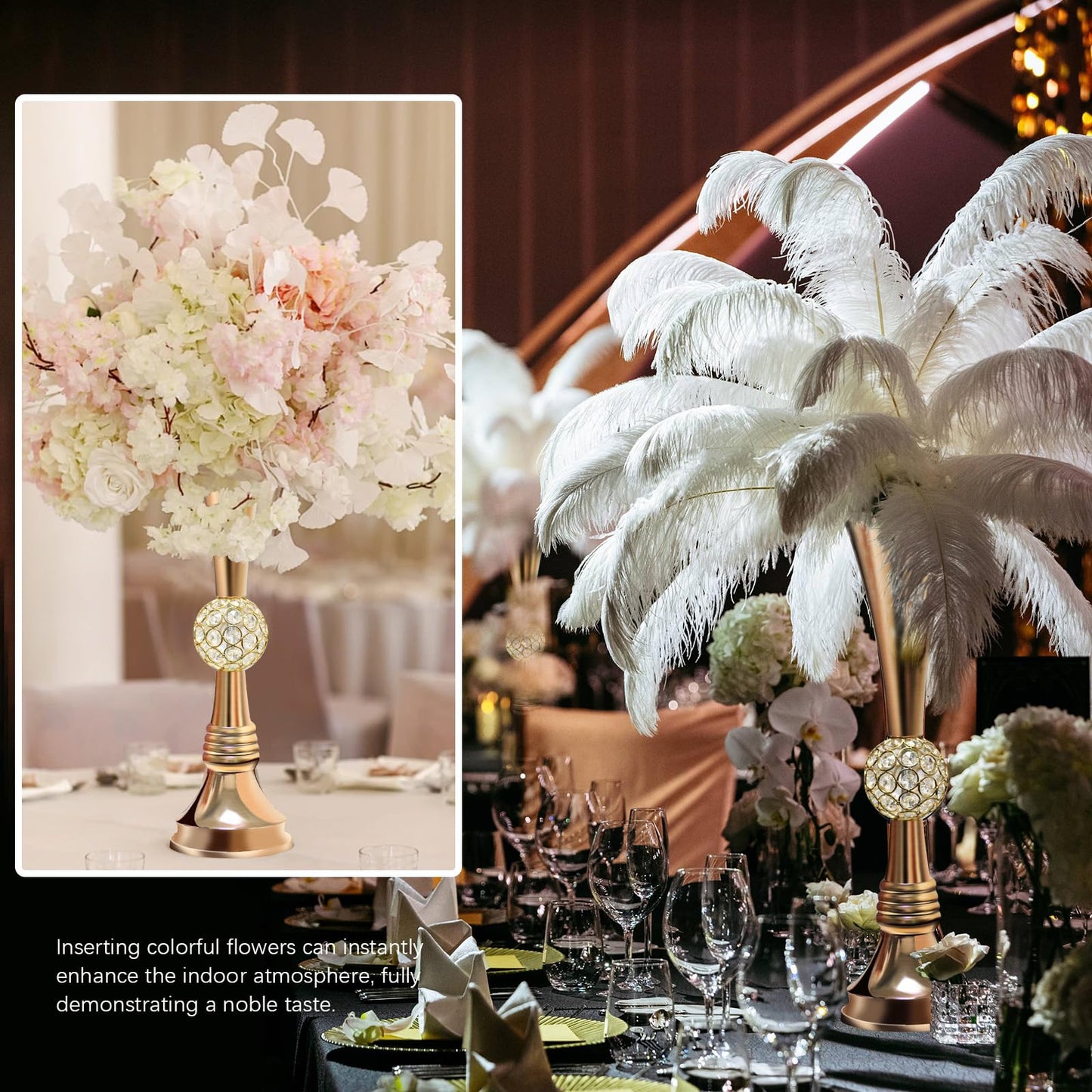 VIJIV 22" Gold Luxury Flower Vase for Wedding Centerpieces - Crystal-Embedded Tall Geometric Metal Vase for Feather, Rust-Resistant Table Decor for Gatsby Party/Reception/Hotel Floral Arrangements
