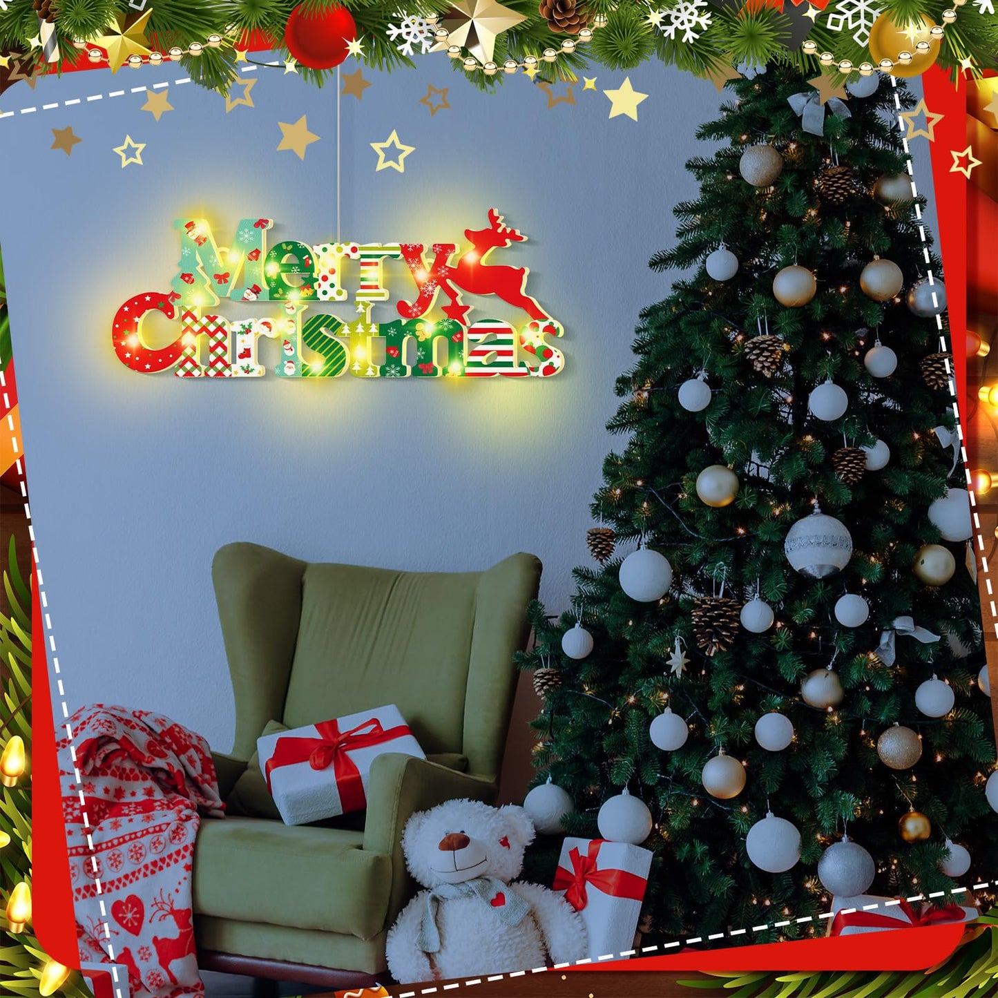 VIHOSE Merry Christmas Wooden Sign with LED Light 11" Merry Christmas Sign Xmas Hanging Ornaments LED Farmhouse Wooden Decorations for Holiday Indoor Outdoor Wall Window Home