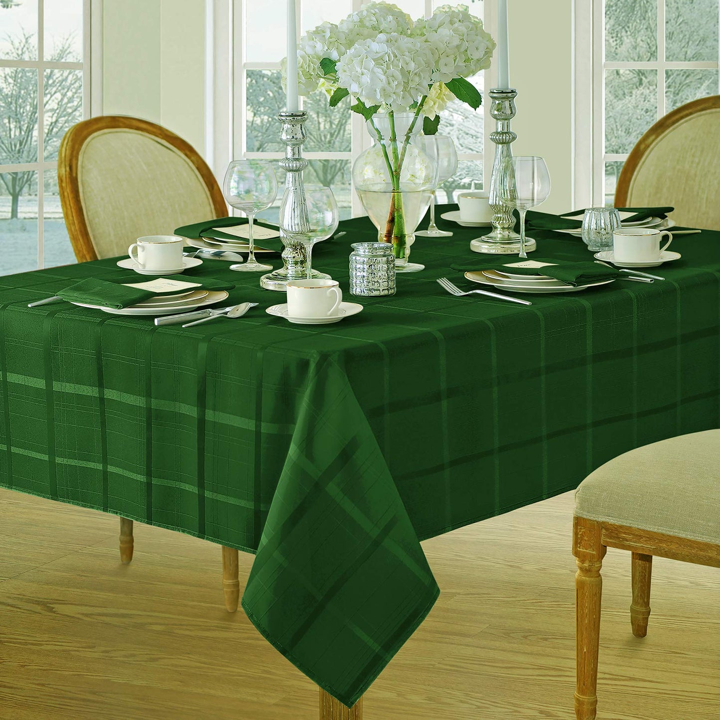 Newbridge Christmas Elegance Plaid 60 x 120 Inch Rectangle Fabric Tablecloth, 100% Polyester, No Iron Soil Resistant Dining Room, Party and Banquet Table Cover, Solid Textured, Hunter Green