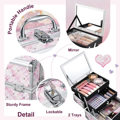 FRENESSA Makeup Train Case Portable Makeup Case Organizer Cosmetic Box Make Up Box Makeup Organizer Cases with Mirror Locking Nail Kit Organizer Travel Case Pink Plaid