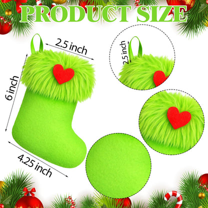 Realspring 24pcs Mini Christmas Stockings 6 Inch Green Faux Fur Xmas Stockings Mini Gift Small Fireplace Hanging Holiday Decorations Xmas Present for Christmas Family Party Tree Fireplace