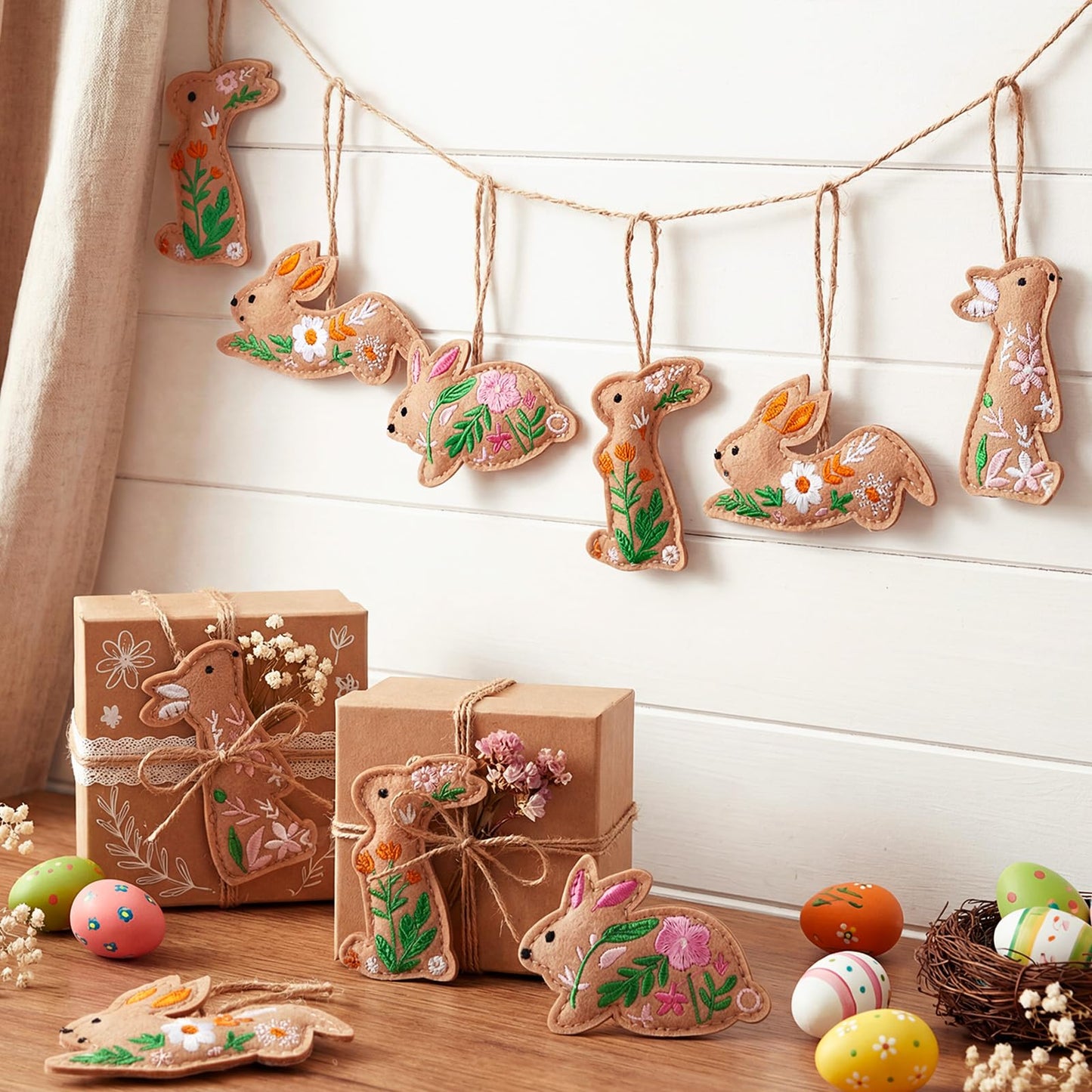 HunnmingRe 12 Pcs Easter Bunny Ornaments Felt Embroidery Easter Hanging Tree Ornaments Handcrafted Bunny Rabbit Spring Tree Decorations for Spring Party Door Home Wall Mantel Decor Arts Crafts Gifts