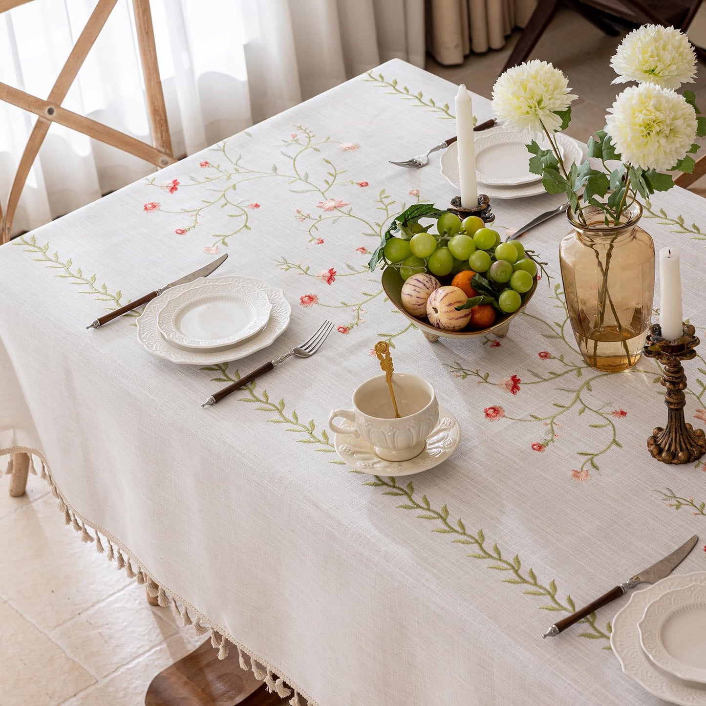Joyfol Day Linen Spring Flowers Tablecloth with Tassels, Rustic Farmhouse Embroidery Waterproof Table Cloths for Square Tables, Heavy Weight Spill-Proof Table Covers, Pink Florals, 55''x 55''