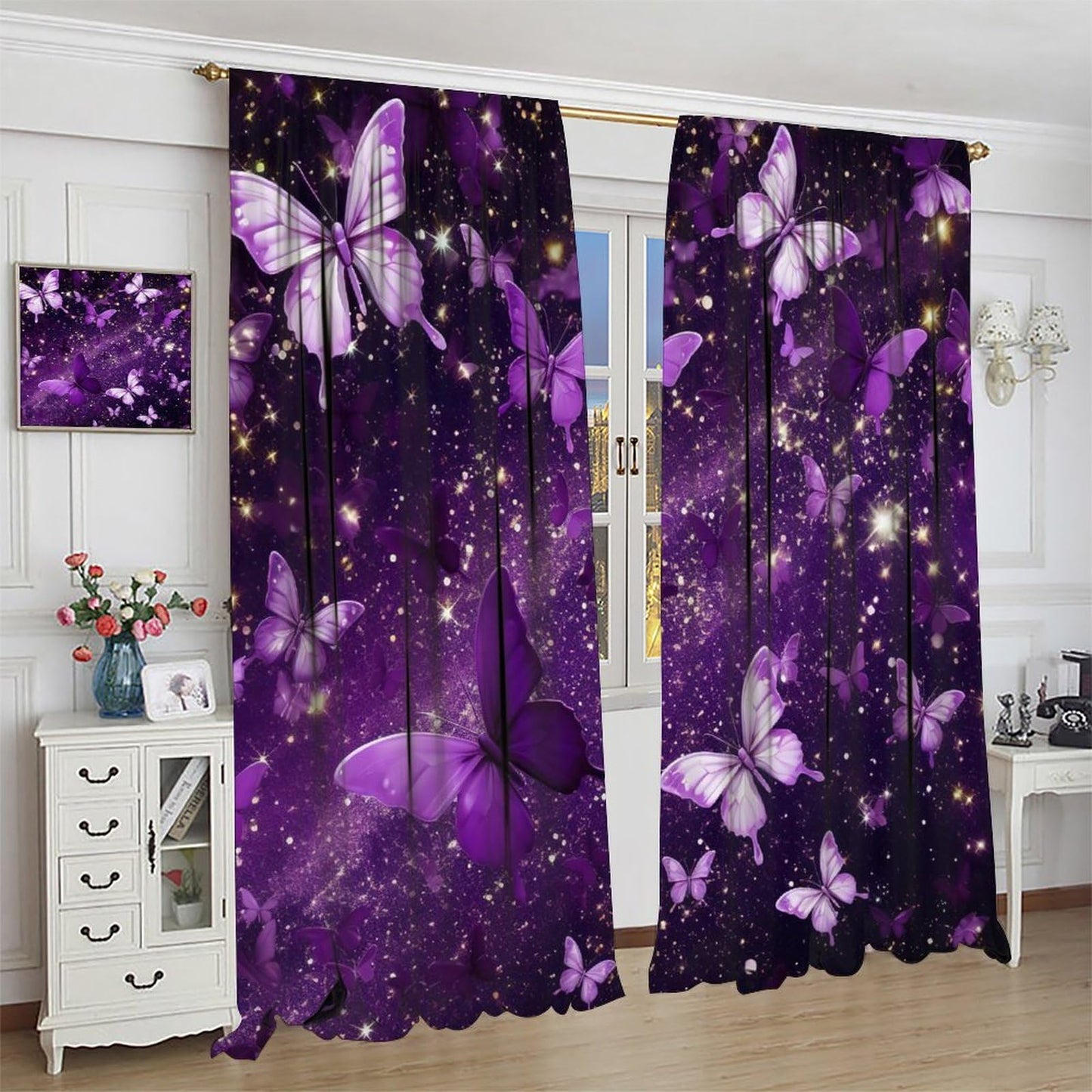 PHTAYOT Butterfly Curtains, Purple Dream Fantasy Starlight Butterfly Pattern for Kids Girls Room Decor, Print Drapes for Living Room Bedroom Kitchen 2 Panel Set 20.5" W X 45" L