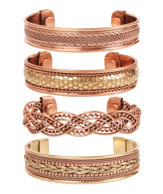 Touchstone copper bracelets | gift for men women |adjustable 100% pure solid real magnetic jewelry | handmade bracelet set combo | rope braided tibetan bangles. Set of 4 different designs