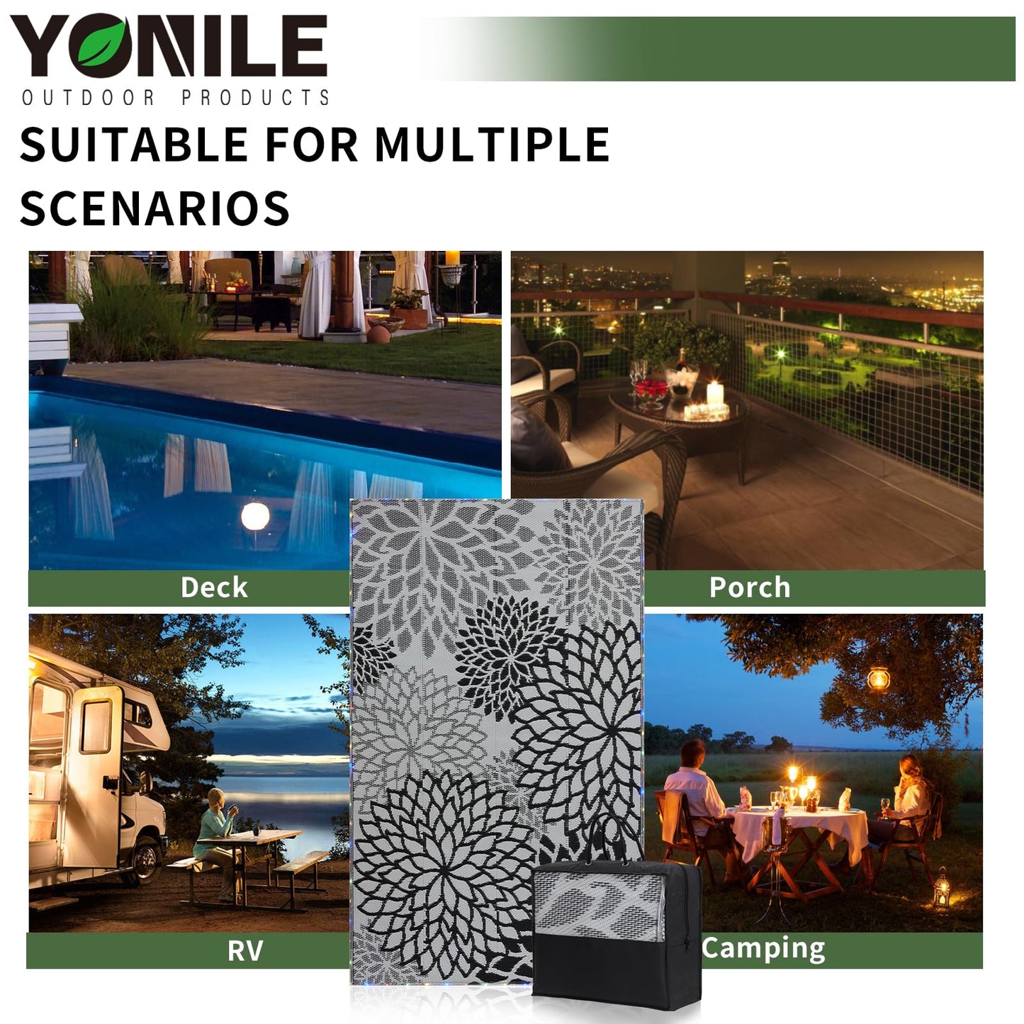 YONILE Outdoor Rug 9x12 ft with LED Light, Waterproof Reversible Outdoor Plastic Straw Rug for Patios Clearance, Large Outdoor Area Rug Carpet RV Mat for Camping Backyard Deck Porch Beach