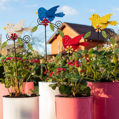 WKHOMEDECO 4 Pack Decorative Garden Stakes - 14.2" Metal Flowers for Outside & Metal Yard Art Outdoor and Garden, Rust-Resistant Shaking-Head Bird Lawn Ornaments for Patio - Gift for Gardeners