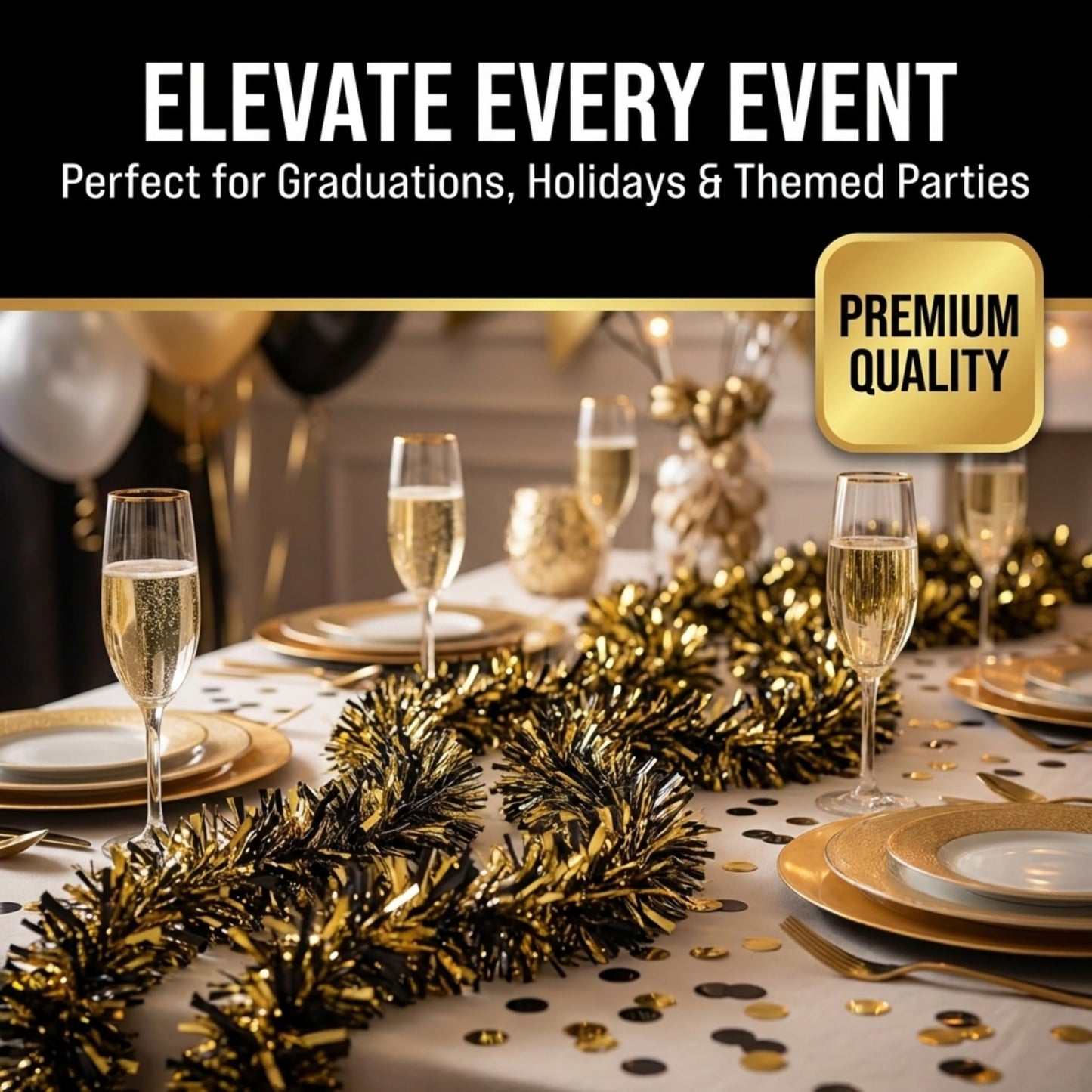 Anderson's Metallic Black & Gold Tinsel Twist Garland, 25ft Holiday Decoration, Christmas Tree Trim, Parade Float Decor, Party Supplies, Halloween, Graduation, Indoor Outdoor Event Garland