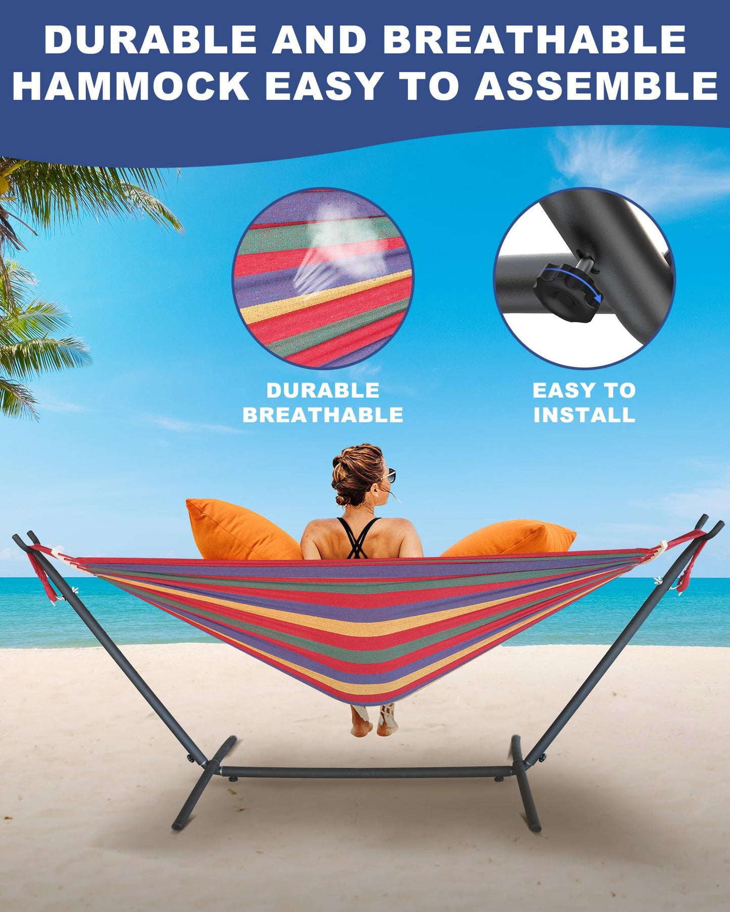 EveryFun Double Hammock with Heavy-Duty Steel Stand,Portable,Easy Assembly,600lbs Weight Capacity,Suit for Indoor,Yard,Camping,or Outdoor-Wide Red