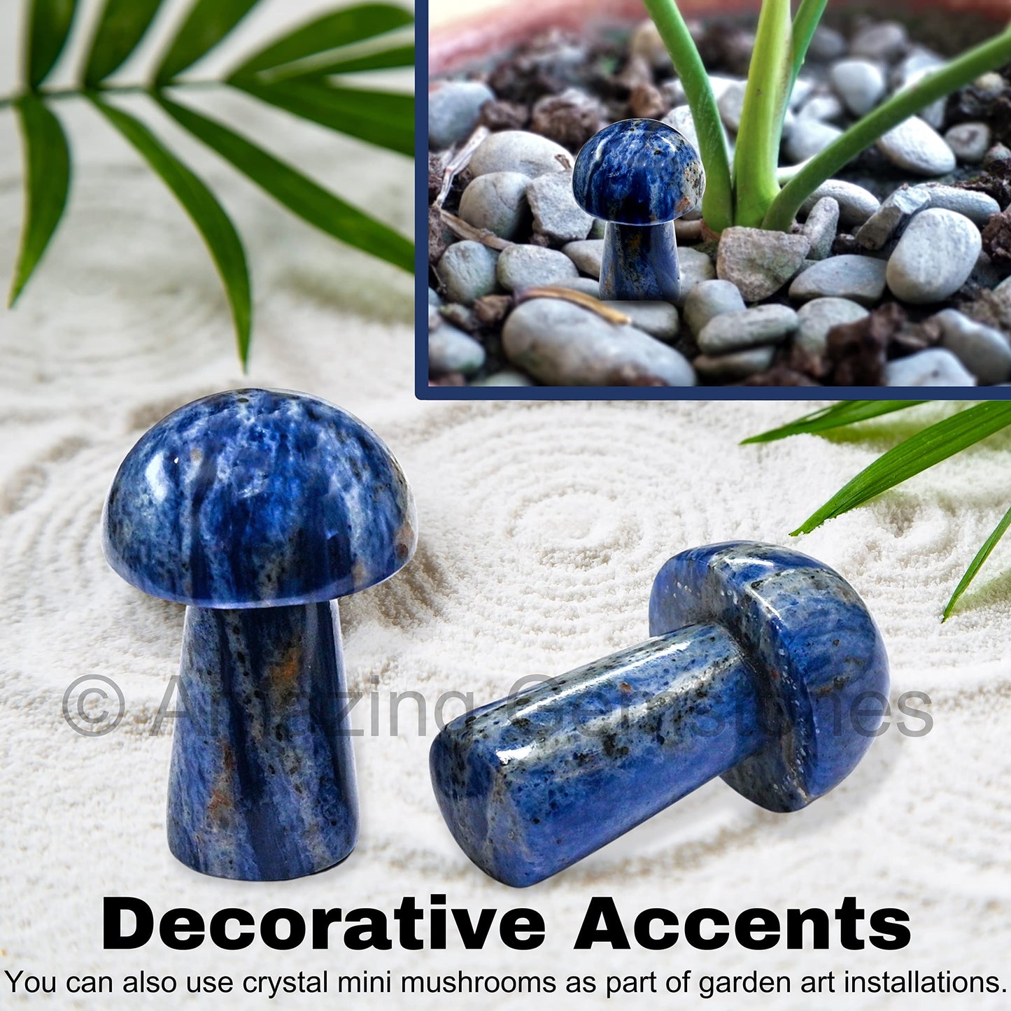 Amazing Gemstone Sodalite Crystal Mushroom Decor Aesthetic Small Crystals - 2" Little Mushroom Decorations for Home, Office, Room Table Mini Crystals Stone Mushrooms DIY Gifts