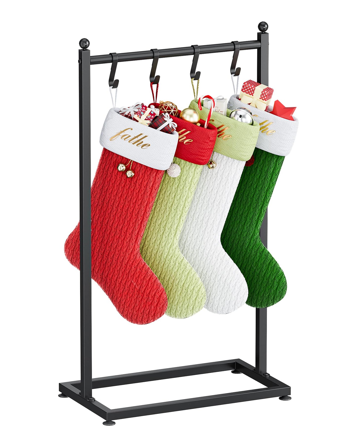 VERSASKY Christmas Stocking Holder Stand for Floor, Free Standing Stocking Rack with 4 Removable Hooks, Heavy Duty Metal Frame, 40 lbs Capacity, Adjustable Feet for Stable Display, Black
