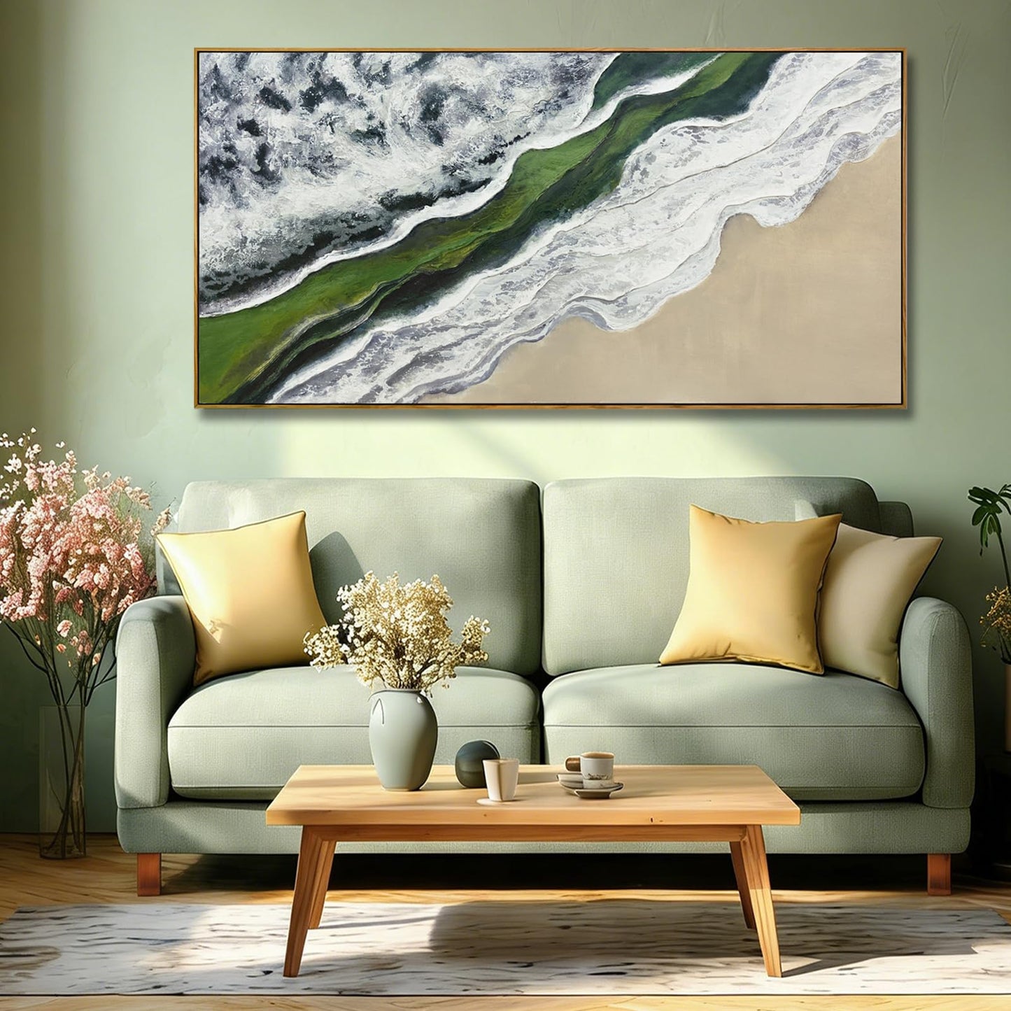 Sage Green Wall Art Abstract White Green Beach Wave Wall Decor Framed Canvas Prints Posters Pictures Artwork 24"x48" Ready to Hang