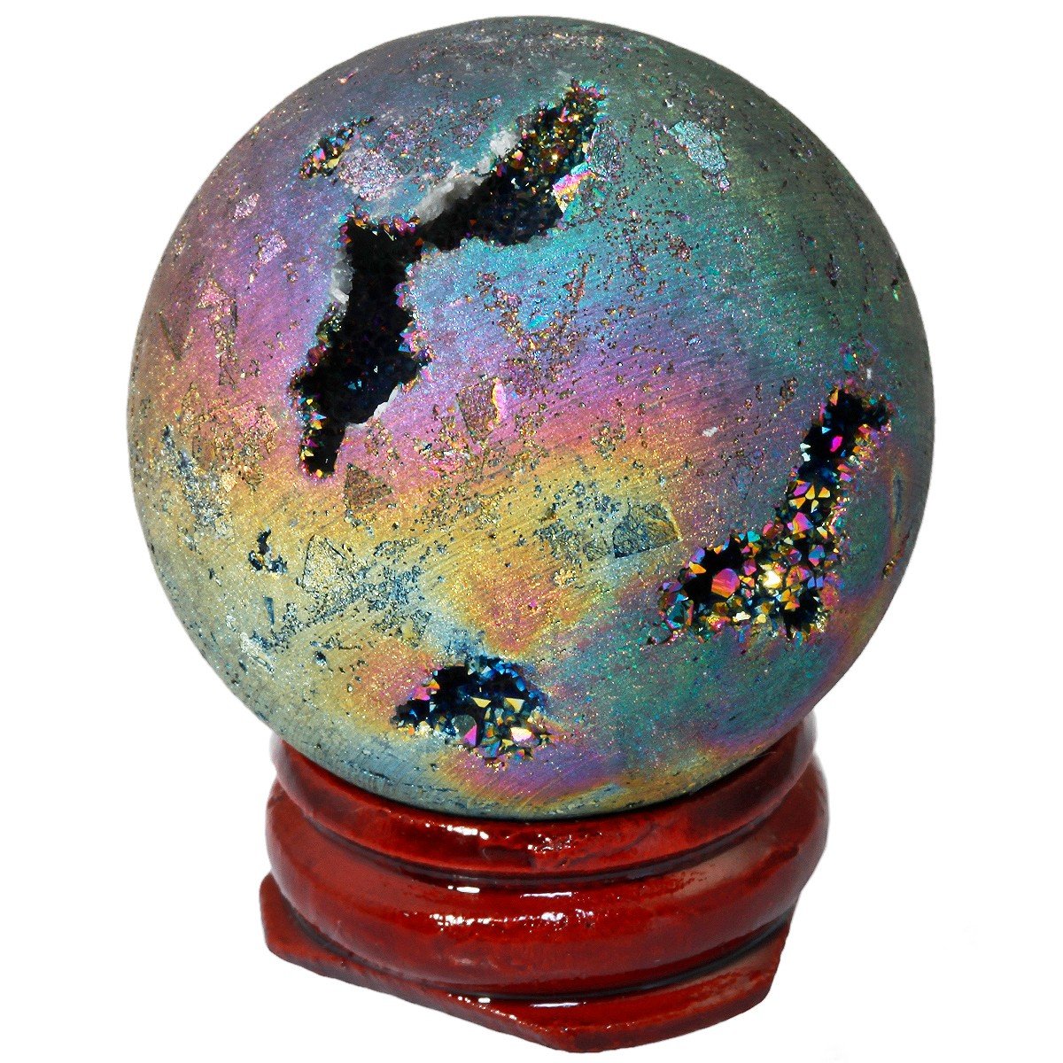 Rockcloud Natural Titanium Coated Druzy Agate Geode Colorful Flame Aura Ball Divination Sphere with Wood Stand