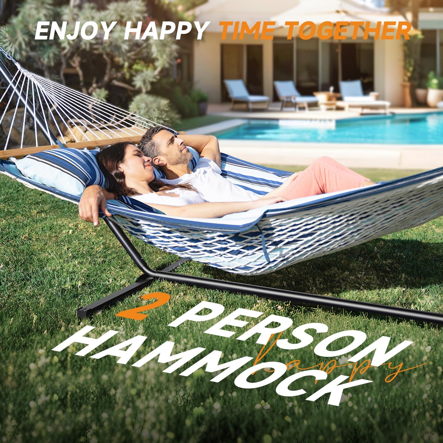 Everyfun 2 Person Outdoor Hammock with Stand, Cotton Rope Hammock with Polyester Pad, Adjustable Steel Frame, Portable with Carrying Bag – for Patio, Backyard, Garden, Beach, Blue