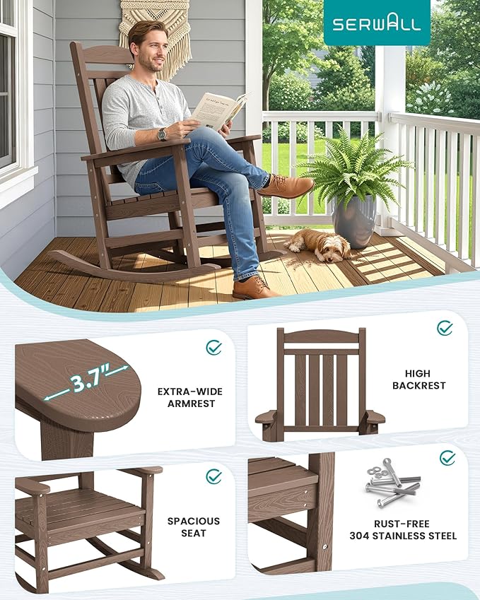 SERWALL HDPE Outdoor Rocking Chair Set of 4, Patio Rocking Chairs, All-Weather Porch Rockers for Adults, Brown