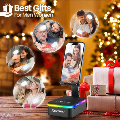JTEMAN Gifts for Men Women,Cell Phone Stand with Bluetooth Speaker,LED Light,and Lanyard,Cool Tech Gadgets,Unique Birthday Gifts for Men Husband Mom Dad