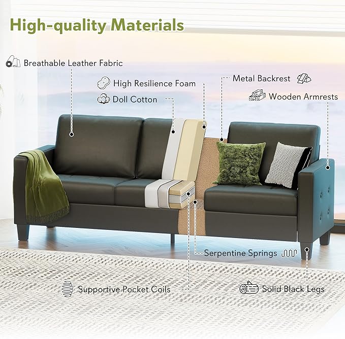 STHOUYN Black Faux Leather 3 Seater Sofa and Accent Chair Set of 2, Modern