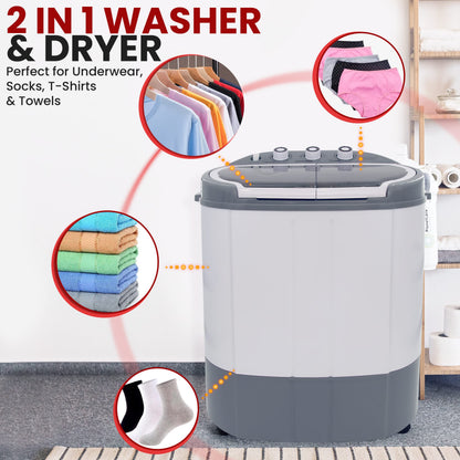 Pyle Portable Washing Machine - Twin Tub 11Lbs Capacity, Compact Mini Laundry Washer (7.7 Lbs) & Spinner (3.3 Lbs) with Timer Control - Perfect for Home, Apartment, Camping, RVs and Dorms (Grey)