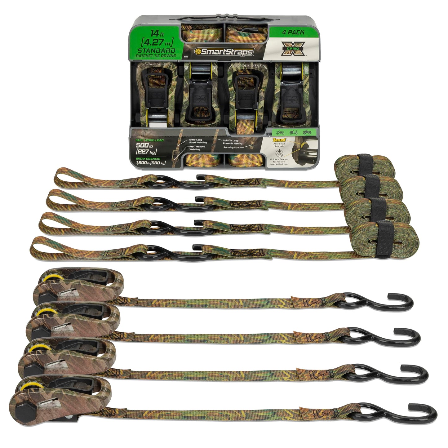 SmartStraps 14’ Camo X Ratchet Straps, 4 Pack — Standard Duty Camo Ratchet Straps, 1,500lb Break Strength, 500lb Safe Work Load — Haul Dirt Bikes, ATVs, and Lawn Tractors with Patented Technology