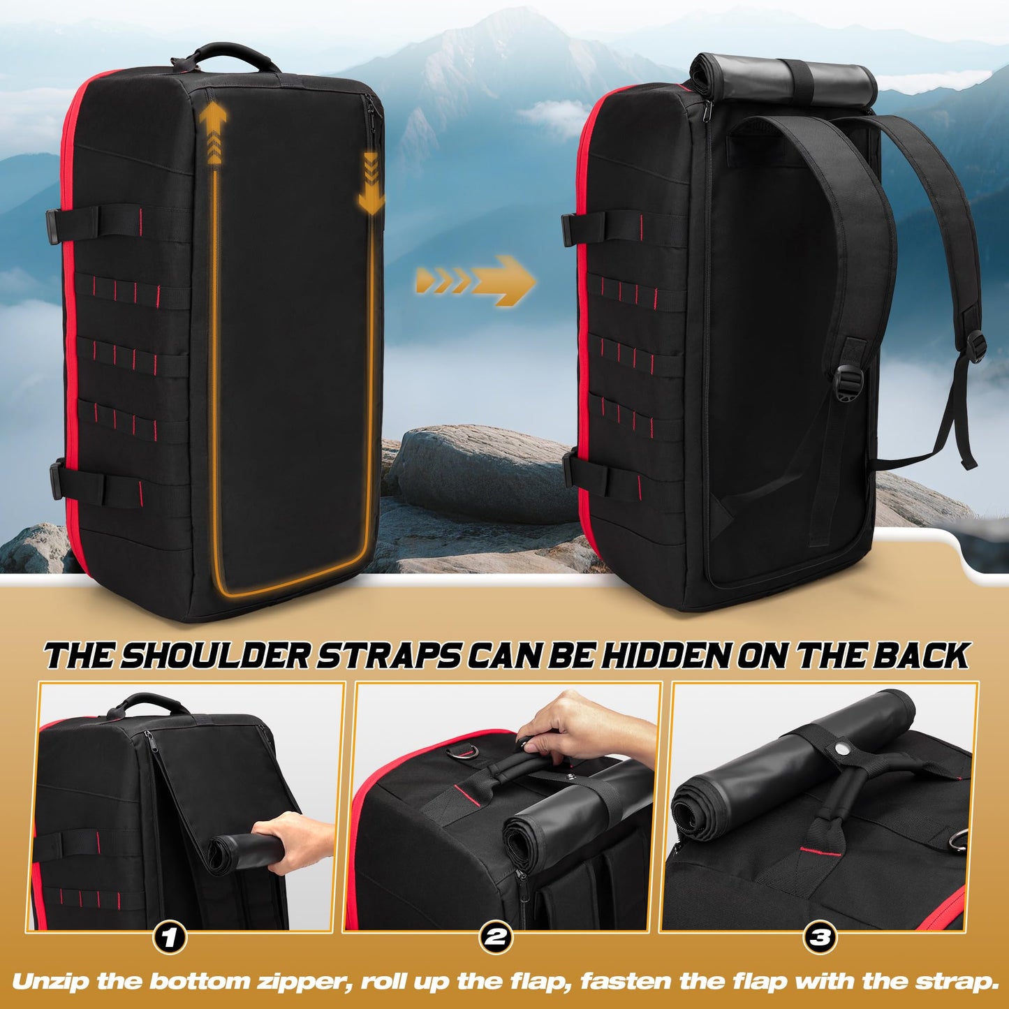 Smasrob 65L Tactical Duffle Bag Gym Bag with Backpack Straps, Wet Pocket and Detachable Dividers, Duffle Backpack for Travel, Sports and Military, Black