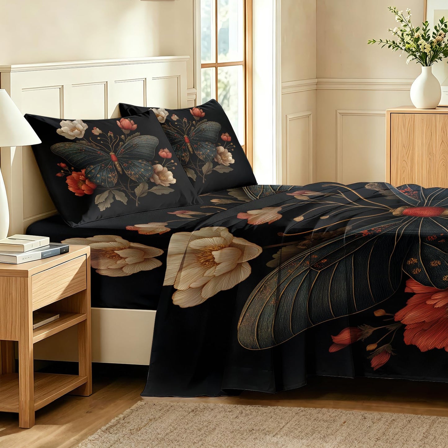 Butterfly Sheet Set, 4 Pcs Queen Size Moth Aesthetic Bed Sheets
