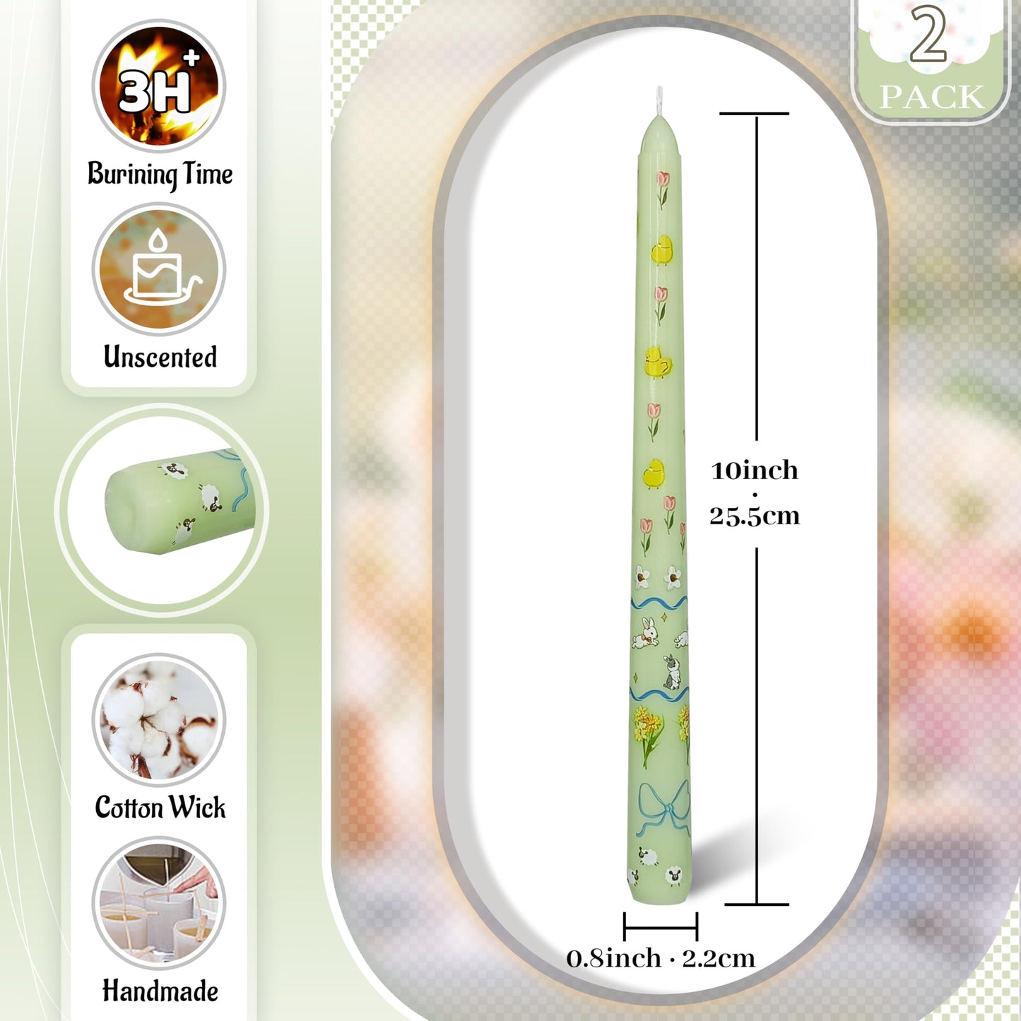 FLAMMUL Print Taper Candles Set of 2, Light Green with Pastoral Animal Floral Candle Sticks 10 Inch Long Tapered Candle Handmade Drip Candlesticks for Holiday Gifts & Home Decor