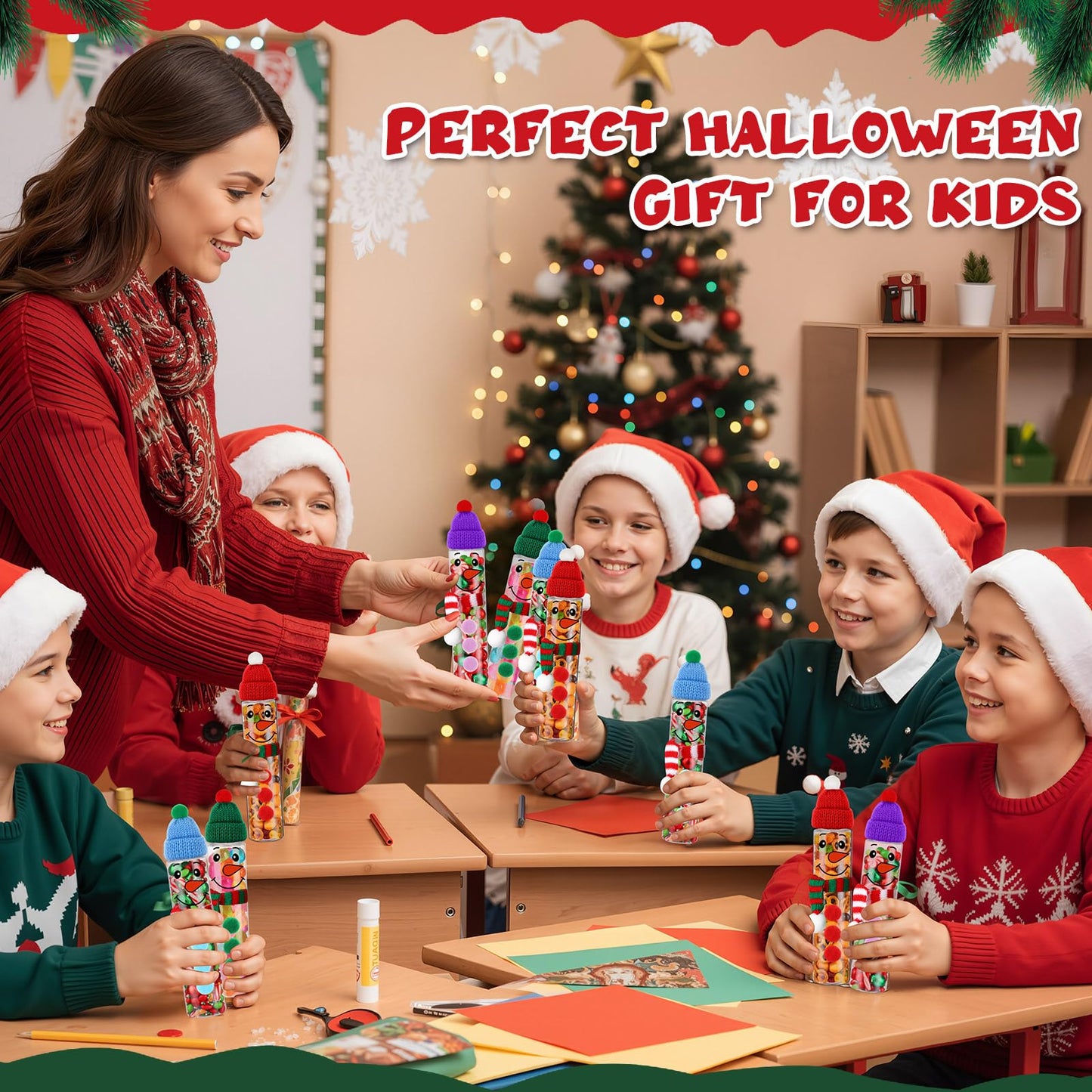 Honeydak 16 Set Christmas Candy Tubes 4 oz Hot Chocolate Clear Plastic Test Tube Bulk with Screw Caps Empty Christmas Holiday Scarf Santa Hat Snowman Gumball Candy Container for Party Gift Prizes
