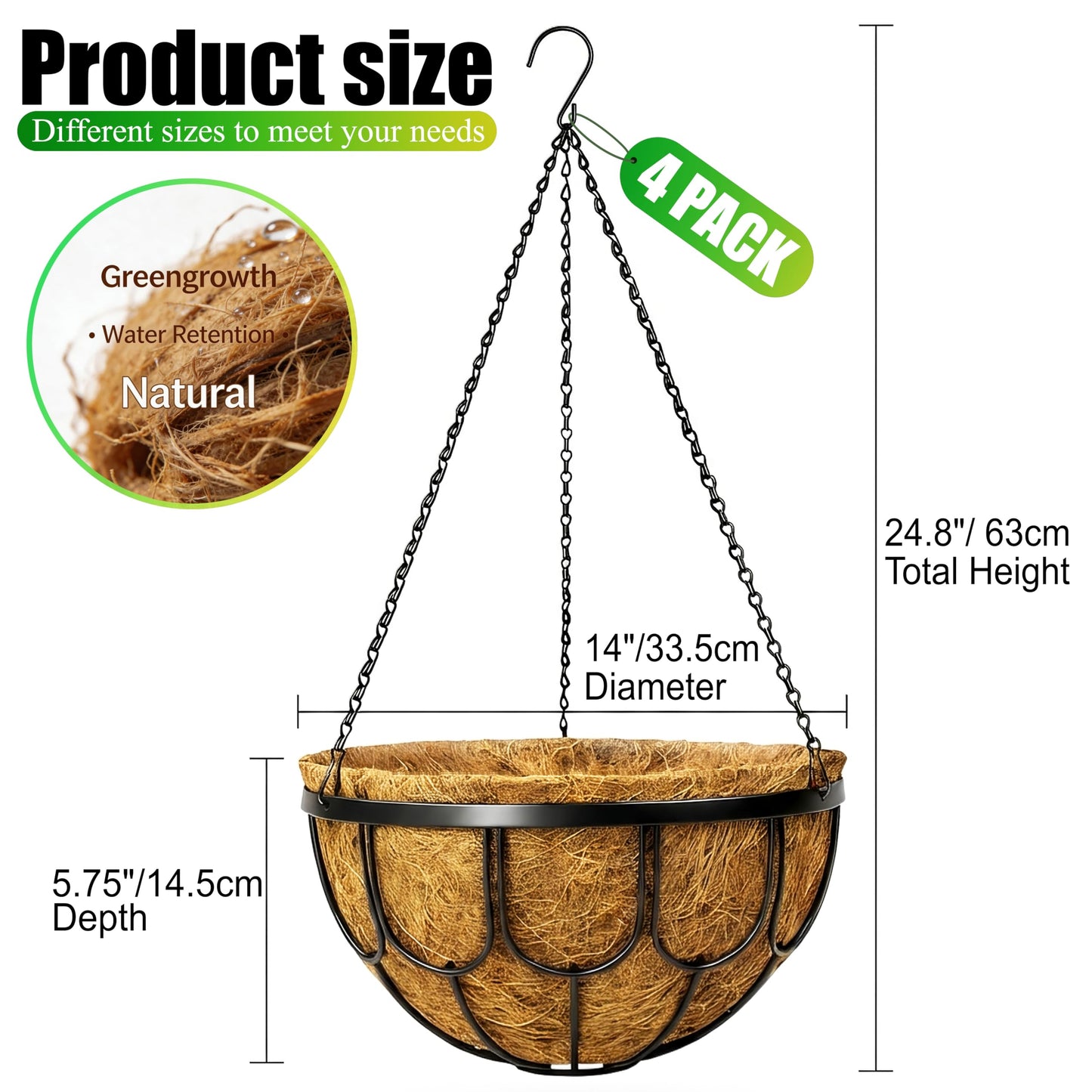 MUYEZHIYU 4 Pack 14 Inch Hanging Planters for Outdoor Plants, Black Metal Wire Hanging Flower Baskets with Coco Coir Liner, Large Hanging Plant Pots for Garden, Patio, Balcony, Indoor Home Decor