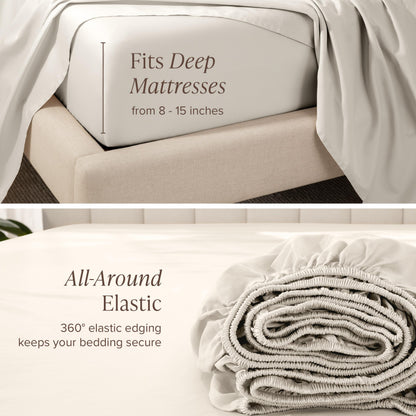 Bare Home 100% Organic Cotton Sateen Fitted Sheet - 400 Thread Count - Smooth Sateen Weave - Breathable & Cooling - Hotel Luxury - Durable Fitted Sheet - Deep Pocket (King, French Beige)