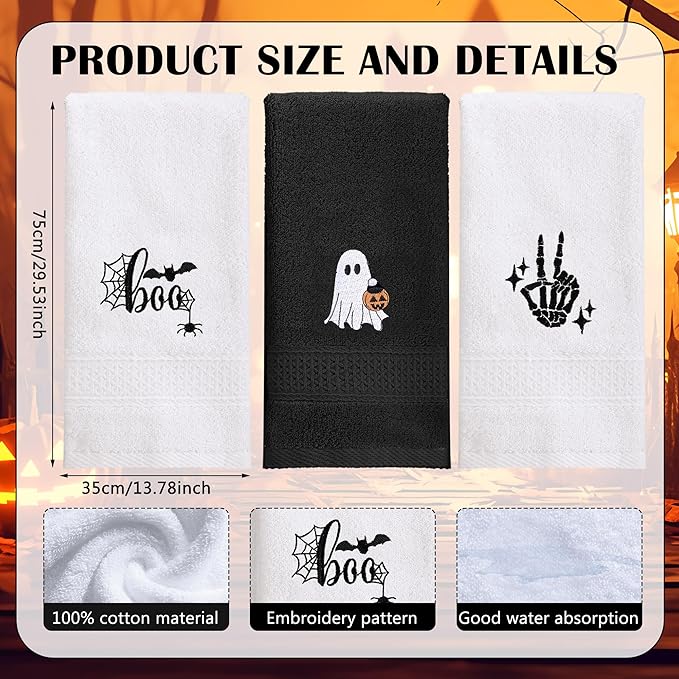 3 Pcs Halloween Hand Towels for Bathroom, Boo Ghost Black White Embroidered