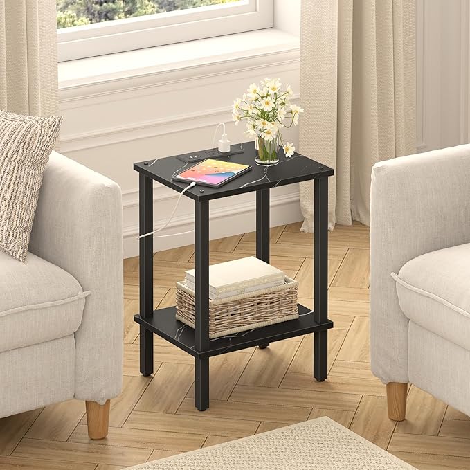 TUTOTAK End Table with Charging Station, Small Side Table, Nightstand Bedside