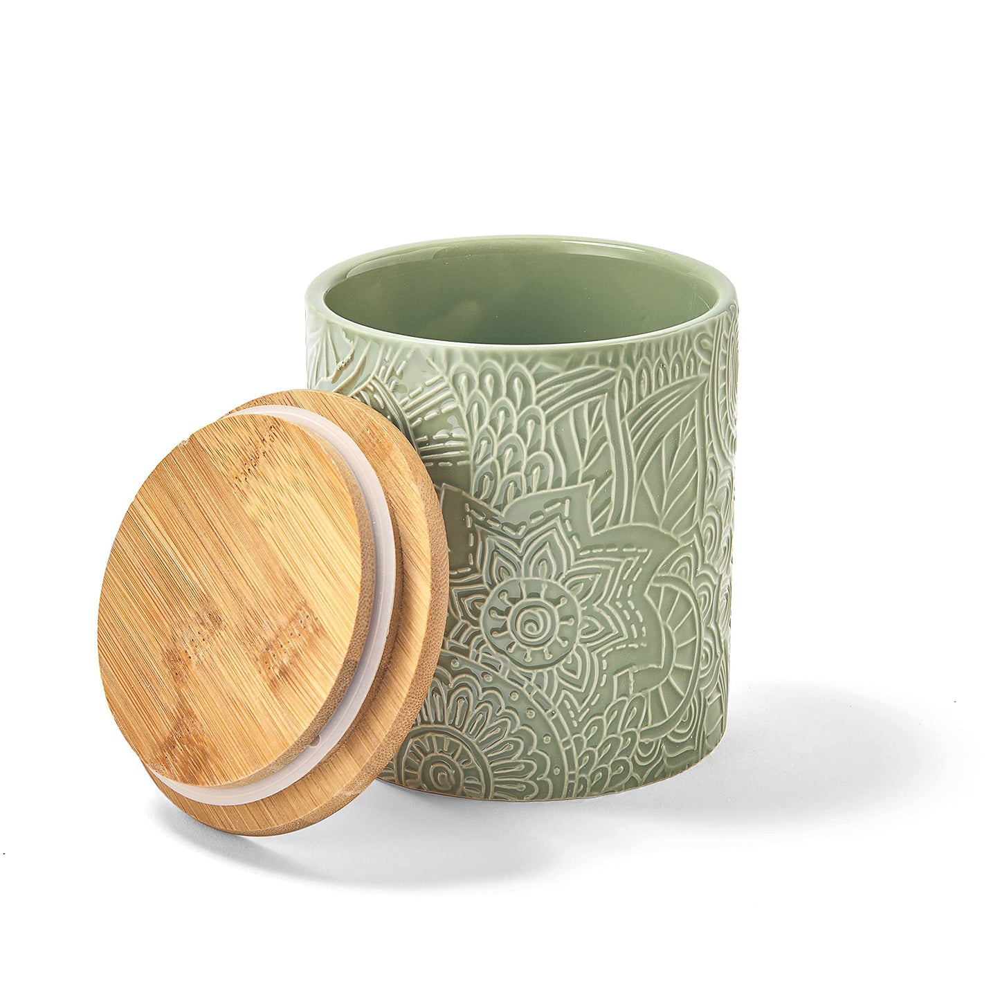 American Atelier 1182486-RB Embossed Canister 4-Piece Ceramic Set Jar Container with Wooden Lids for Cookies, Candy, Coffee, Flour, Sugar, Rice, Pasta, Cereal & More Sage