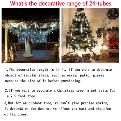 Kwaiffeo Christmas Lights Outdoor, 24 Tubes(Equivalent to 3 Sets of 8-Tubes) Meteor Shower Light Snow Falling Icicle Lights for Xmas Tree Halloween Decoration Wedding Party Window, UL Plug, White
