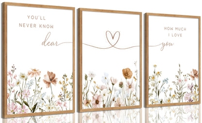 3Pcs Framed Boho Nursery Wall Art Flower Botanical Sentence Painting Picture Wall Decor Wildflower Children's Room Poster Print Artwork for Nursery Baby Room Living Room Bedroom Home Decoration