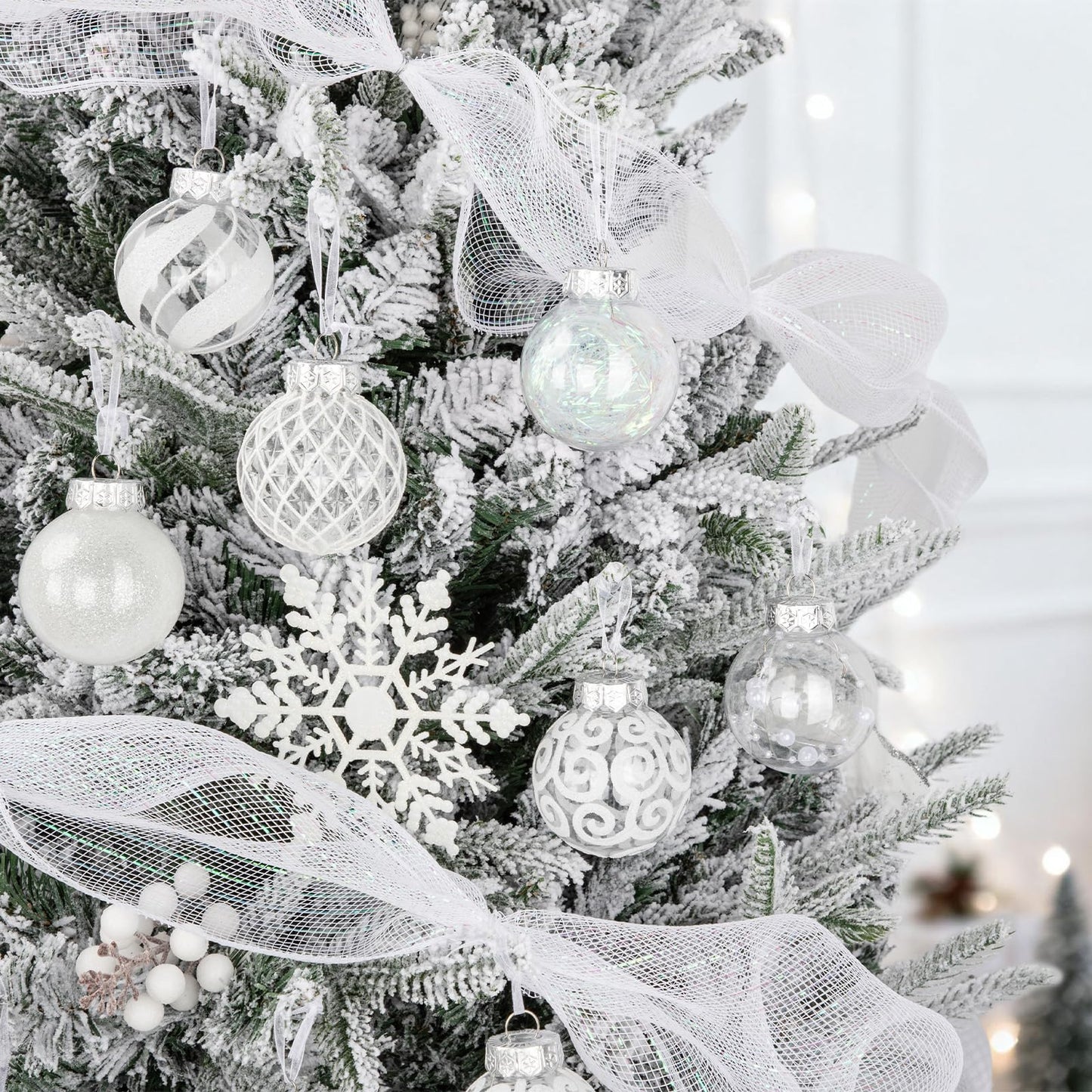 Ouddy Decor 36 Pcs Clear Christmas Ball Ornaments, 2.36" Shatterproof White Plastic Christmas Ornaments Set Decorative Hanging Transparent Baubles for Xmas Tree Holiday Party Decor, White