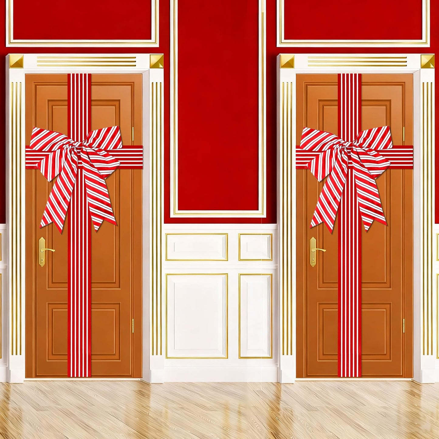 2 Pcs Christmas Cabinet Door Ribbon Bow Large Christmas Wreath Bow Red and White Stripe Festival Wrapping Decorations Xmas Candy Cane Bows for Tree Fireplace Home Holiday Front Door Party Supplies