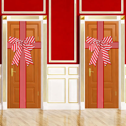 2 Pcs Christmas Cabinet Door Ribbon Bow Large Christmas Wreath Bow Red and White Stripe Festival Wrapping Decorations Xmas Candy Cane Bows for Tree Fireplace Home Holiday Front Door Party Supplies