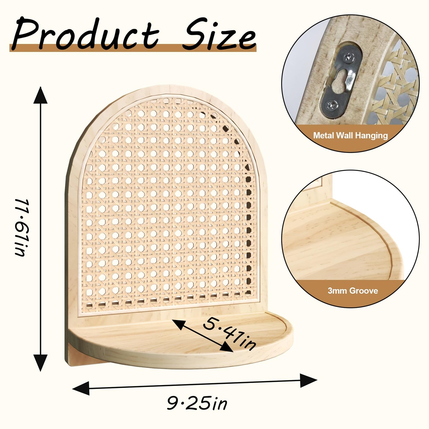 LUPWNEKA Arched Rattan Wall Shelf - Boho Rattan Floating Shelf with Grooved Edge, Unique Small Display Shelves, Natural Pine Wood Wall Decor for Bedroom, Living Room, Nursery Room, Set of 2, Natural