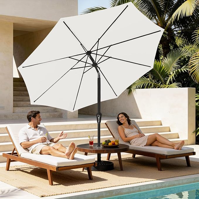 MEWAY 9ft Patio Umbrella Outdoor Table Umbrellas with Push Button Tilt and Crank, Market Umbrella 8 Sturdy Ribs for Deck, Garden, Pool and Backyard, Off-white