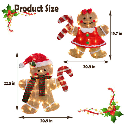 TW SHINE Christmas Outdoor Decorations Yard, Set of 2 Lighted 2D Gingerbread Man with 90 Warm White Lights, Light Up Gingerbread Man Couple for Xmas Holiday Front Garden Patio Lawn Display
