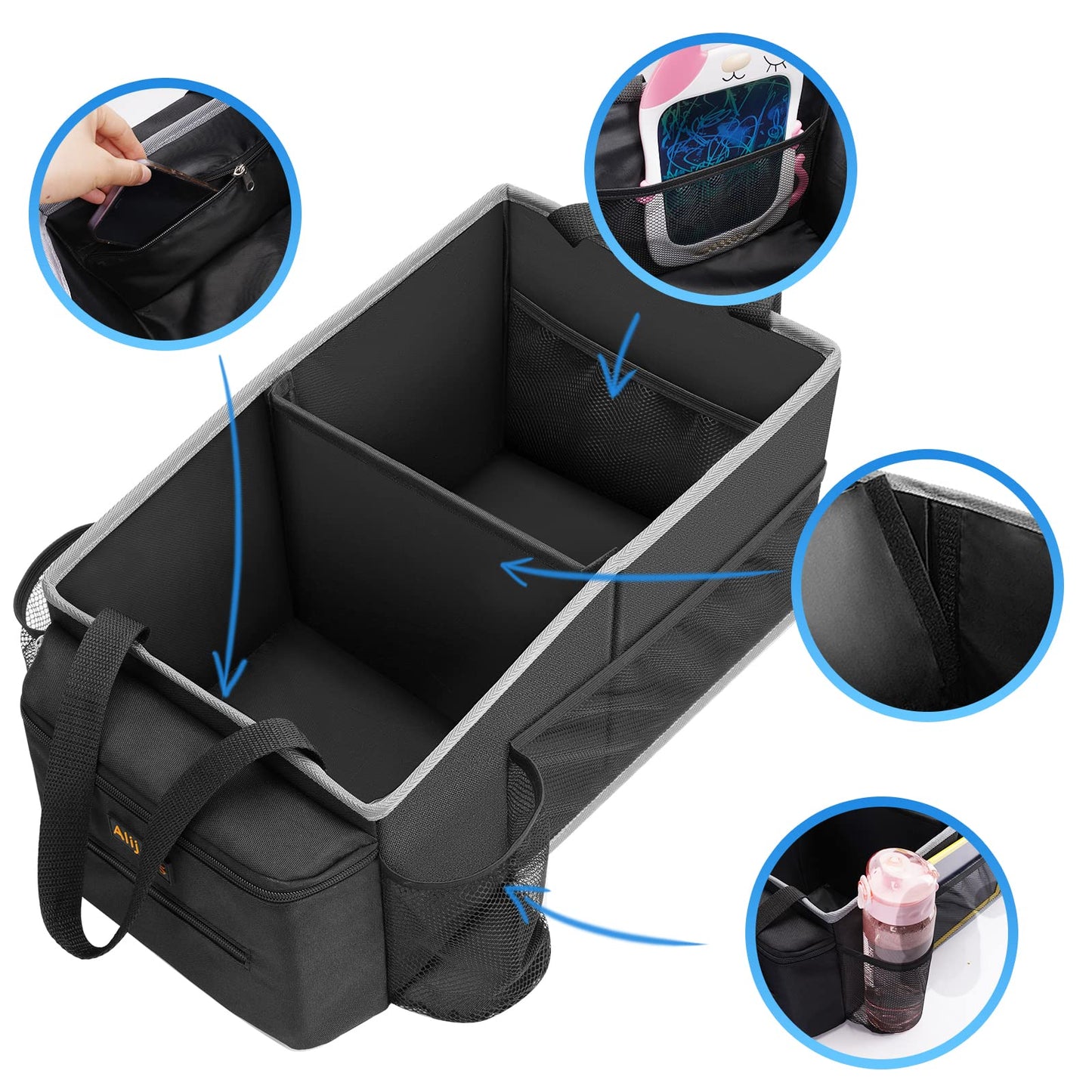 Alijees Car Seat Organiser - Car Caddy Accessories Organiser Back Seat for Kids, Car Boot Storage Backseat Organiser Front Seat With Cup Holders, Tissue Box, Multiple Mesh Pockets, Black