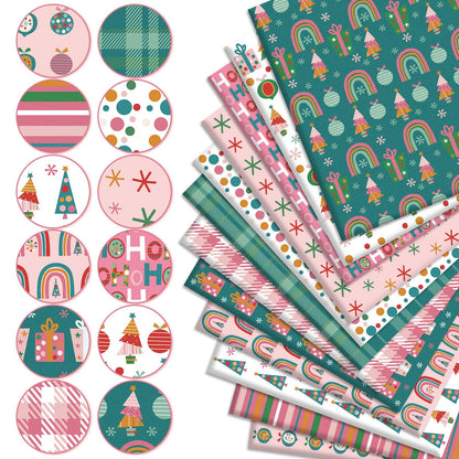 Whaline 12Pcs Christmas Cotton Fabric Bundles Xmas Tree Snowflake Gift Box Fat Quarters Pink Green Checkered Printed Sewing Fabrics for DIY Handmade Crafting, 18 x 22 Inch