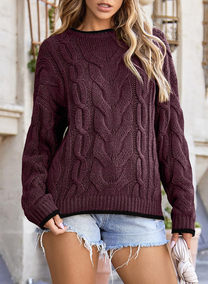 EVALESS Sweaters for Women Trendy Crewneck Long Sleeve Color Block Sweater Tops Fall 2025 Chunky Cable Knit Pullover Sweaters