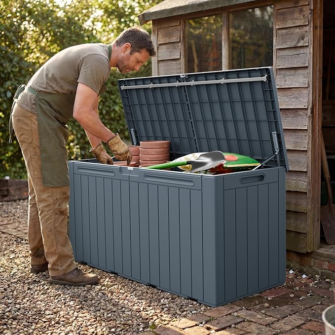 Greesum 110 Gallon Outdoor Storage Box with Lockable Lid, All-Weather Solution for Patio Furniture, Pool Supplies & Garden Tools, Waterproof, UV-Resistant Large Deck Box, Gray