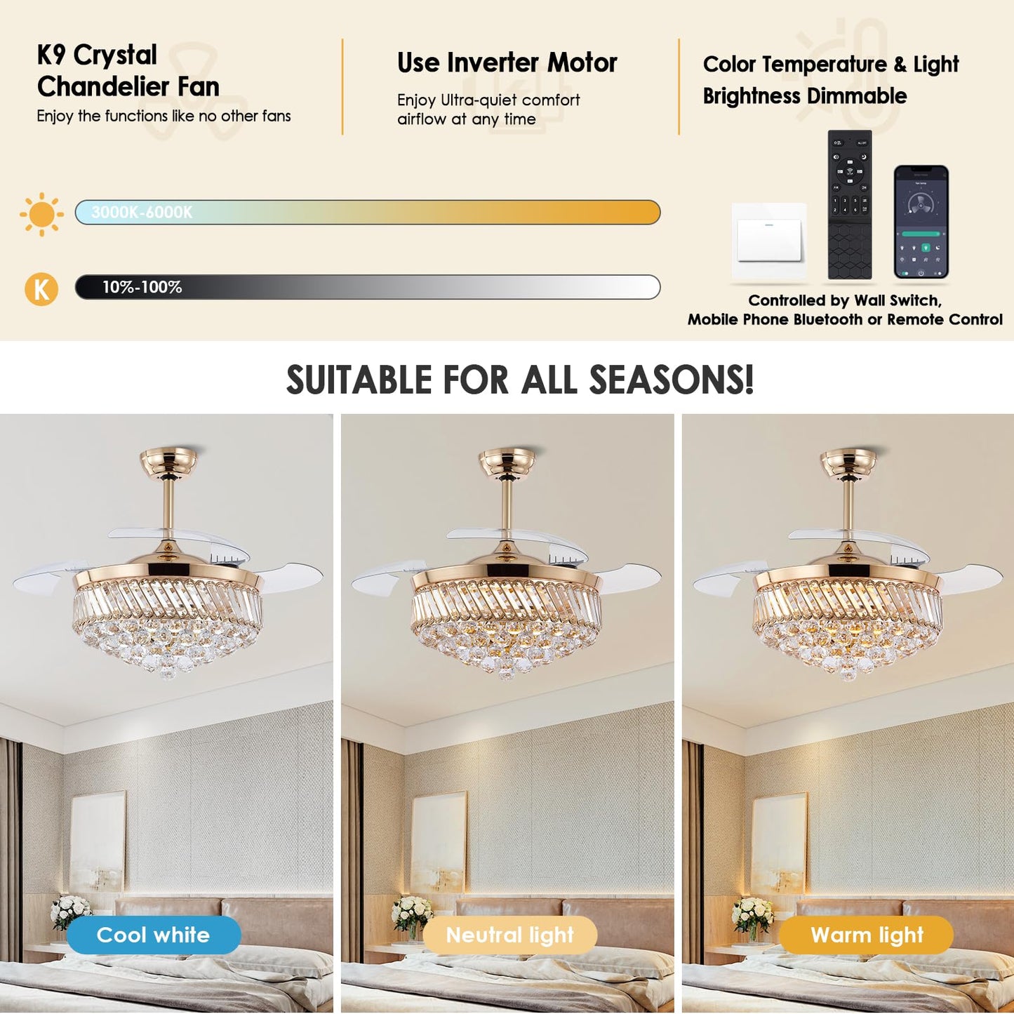 Asyko 48" Golden Crystal Ceiling Fans with Lights and Remote and APP, Modern Retractable Blades Ceiling Fan with 3 CCT for Living Room,Dining Room, Kitchen, Reversible